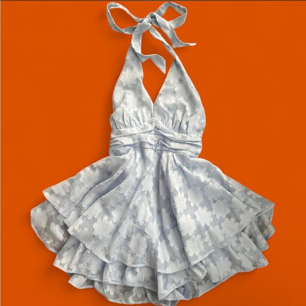NWT Baby Blue Tiered Halter Neck Romper W/ Floral Appliqué Detail.